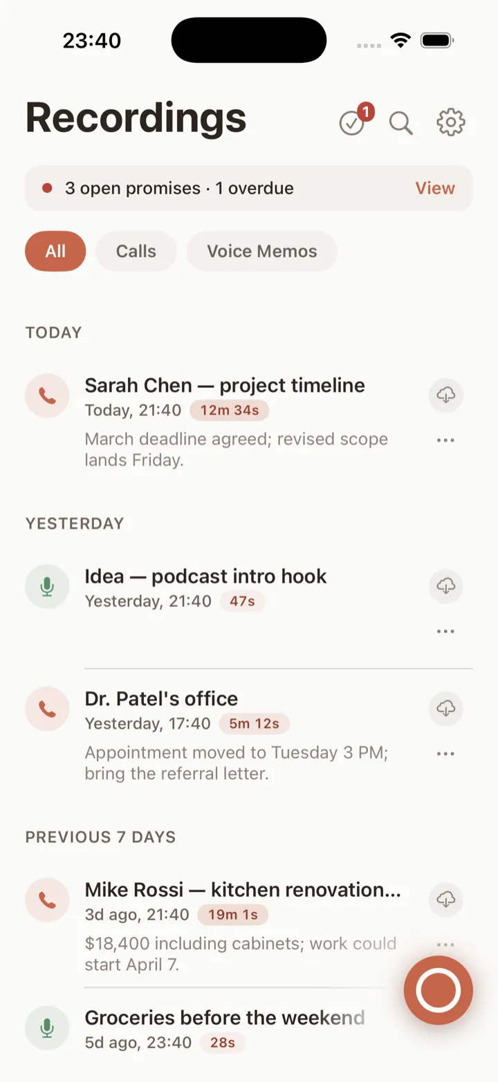 The Recordings list: today’s and yesterday’s calls and voice memos, with the record button