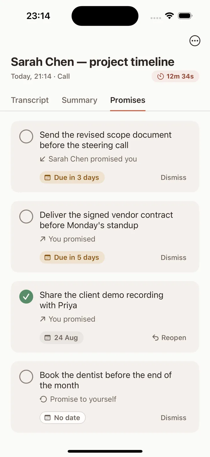 Promises from a call: who promised what, with due dates