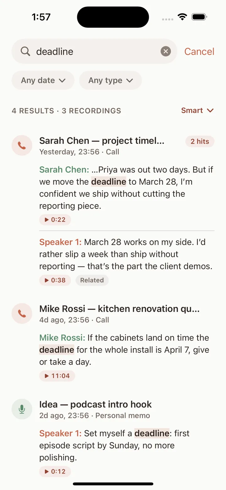 Search results for “deadline” across three recordings, each hit with its moment in the call